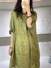 Women Summer Vintage Tie-dye Button Ramie Long Shirt