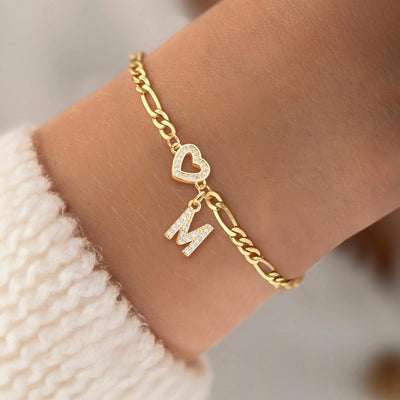 201 Stainless Steel Copper Inlay Letter Heart Shape Zircon Copper Bracelets