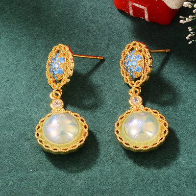 1 Pair French Style Sweet Geometric Flower Plating Inlay Copper Glass Zircon 18K Gold Plated Drop Earrings