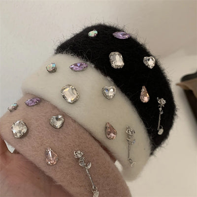 fashion solid color plush inlay artificial gemstones hair band 1 piece