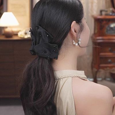 Vintage Satin Double Layer Big Bow Hairpin Lazy Grip French Hepburn Style Hair Volume Shark Clip Headdress