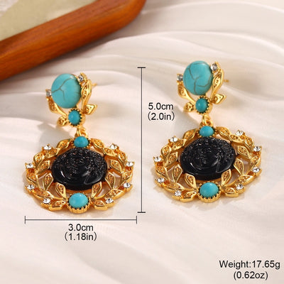 1 Pair Vintage Style French Style Round Square Oval Inlay Alloy Copper Turquoise Pearl Zircon 18K Gold Plated Drop Earrings Ear Studs