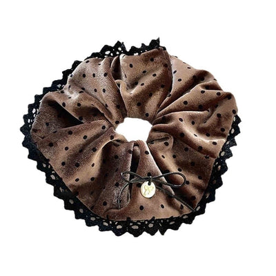 Black and White Polka Dot Velvet Bow Square Scarf Large Intestine Hair Ring Gentle Lace Intestine Headdress Flower Hair Rope Headband