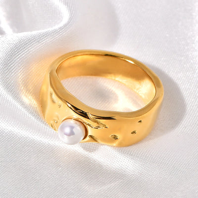 Jewelry Retro Shiny Solid Color 304 Stainless Steel 18K Gold Pearl 18K Gold Plated Inlay Stainless Steel Rings