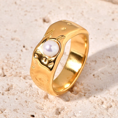 Jewelry Retro Shiny Solid Color 304 Stainless Steel 18K Gold Pearl 18K Gold Plated Inlay Stainless Steel Rings