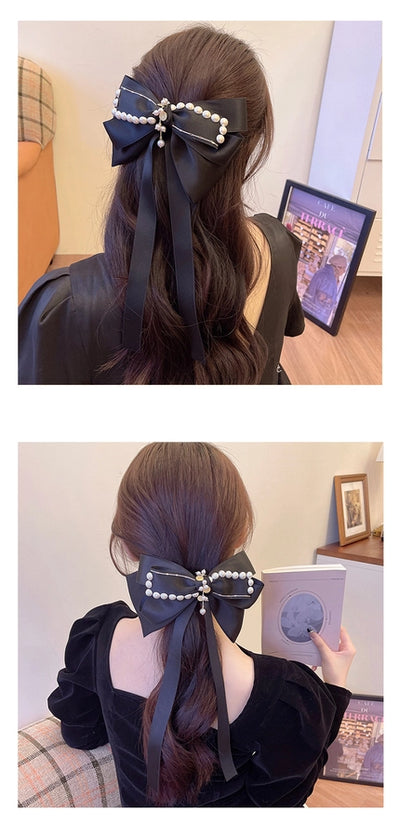 Black Diamond Pearl bow hairpin trendy houndstooth spring clip back head headwear fashionable temperament hair accessories