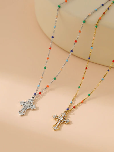 Simple Style Shiny Cross 18K Gold Plated Rhinestones 304 Stainless Steel Alloy  Pendant Necklaces