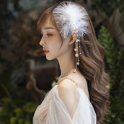 A Pair of New Super Fairy Hairy Hair Clips Feather Hairpin Girl Ancient Style Han Chinese Clothing Clip Hairware Bridal Mori Fairy Side Clip