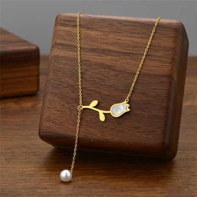 [Whole Body Titanium Steel] Tulip Pearl Pendant Necklace Light Luxury Classic Style Necklace