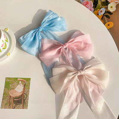 Cream Sweet Mesh Bow Hairpin Super Fairy Top Clip Back Head Hairpin Hair Accessories  Spring Clip