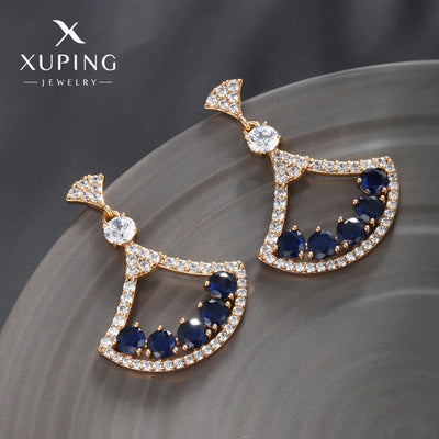 1 Pair Glam XUPING Shiny Sector Hollow Out Inlay Copper Artificial Gemstones 18K Gold Plated Drop Earrings