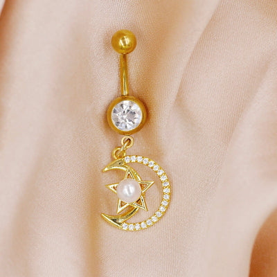 1 Piece Belly Rings Cute Sweet Star Moon Flower 316 Stainless Steel  Alloy Copper Inlay Rhinestones Pearl Gold Plated