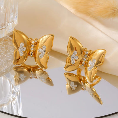 Jewelry Vacation Punk Sweet Butterfly 304 Stainless Steel Rhinestones 18K Gold Plated Inlay Rings