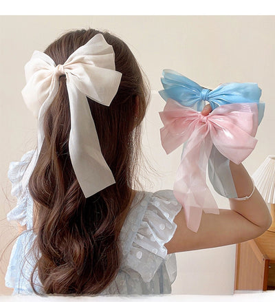 Cream Sweet Mesh Bow Hairpin Super Fairy Top Clip Back Head Hairpin Hair Accessories  Spring Clip