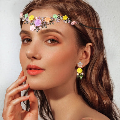 Women's Vacation Beach Sweet Flower Alloy Inlay Rhinestones Pearl Hair Band Earrings