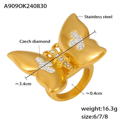 Jewelry Vacation Punk Sweet Butterfly 304 Stainless Steel Rhinestones 18K Gold Plated Inlay Rings