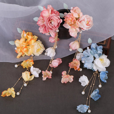 Flower headdress Hanfu hairpin silk flower hair accessories tassel side clip female ancient style headdress Flower hairpin flower clip accessories