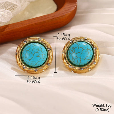 1 Pair Vintage Style French Style Round Square Oval Inlay Alloy Copper Turquoise Pearl Zircon 18K Gold Plated Drop Earrings Ear Studs