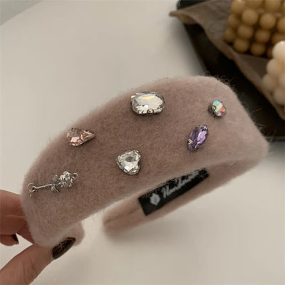 fashion solid color plush inlay artificial gemstones hair band 1 piece