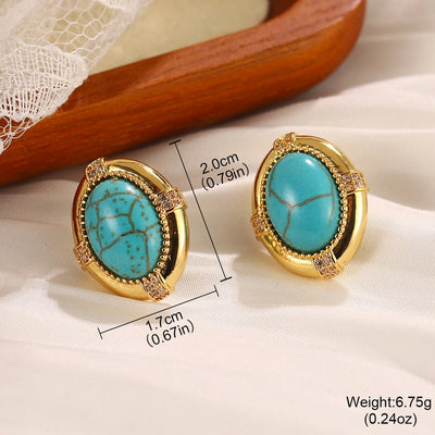 1 Pair Vintage Style French Style Round Square Oval Inlay Alloy Copper Turquoise Pearl Zircon 18K Gold Plated Drop Earrings Ear Studs