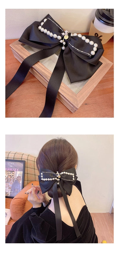 Black Diamond Pearl bow hairpin trendy houndstooth spring clip back head headwear fashionable temperament hair accessories