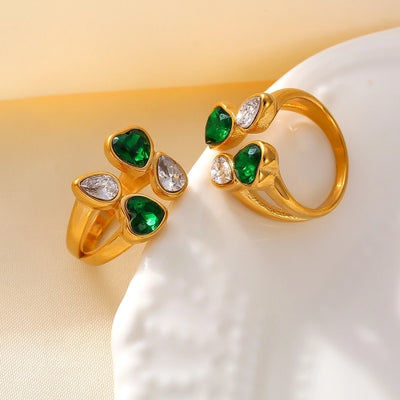 Jewelry Vacation Artistic Shiny Water Droplets Heart Shape 304 Stainless Steel Zircon 18K Gold Plated Inlay Rings