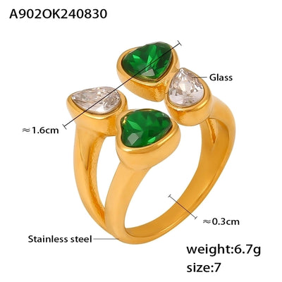 Jewelry Vacation Artistic Shiny Water Droplets Heart Shape 304 Stainless Steel Zircon 18K Gold Plated Inlay Rings