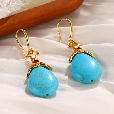 1 Pair Vintage Style French Style Round Square Oval Inlay Alloy Copper Turquoise Pearl Zircon 18K Gold Plated Drop Earrings Ear Studs