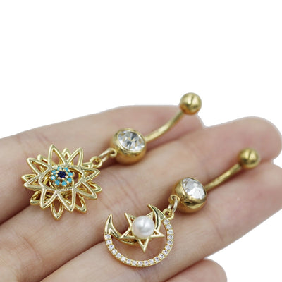 1 Piece Belly Rings Cute Sweet Star Moon Flower 316 Stainless Steel  Alloy Copper Inlay Rhinestones Pearl Gold Plated