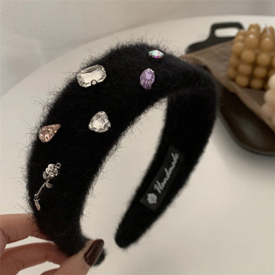 fashion solid color plush inlay artificial gemstones hair band 1 piece