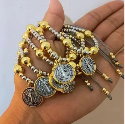 Jewelry Retro Religion Round Saint Benedict Virgin Mary Copper Beaded Bracelets