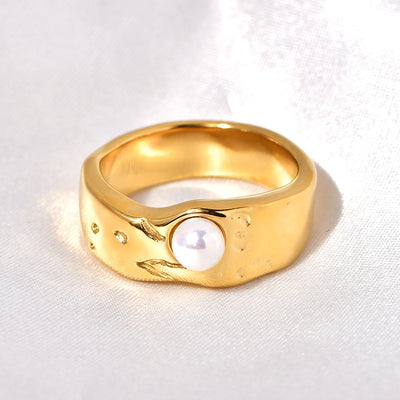 Jewelry Retro Shiny Solid Color 304 Stainless Steel 18K Gold Pearl 18K Gold Plated Inlay Stainless Steel Rings