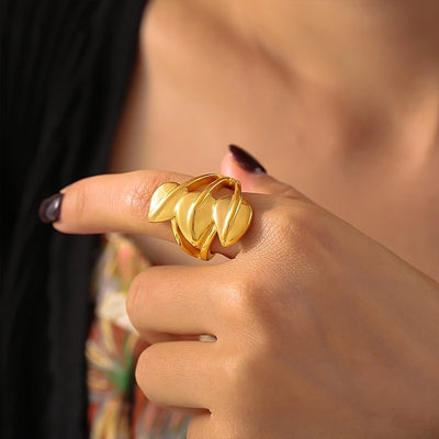 Jewelry Sweet Pastoral Artistic Leaves Titanium Steel 18K Gold Plated Rings