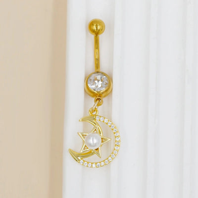 1 Piece Belly Rings Cute Sweet Star Moon Flower 316 Stainless Steel  Alloy Copper Inlay Rhinestones Pearl Gold Plated