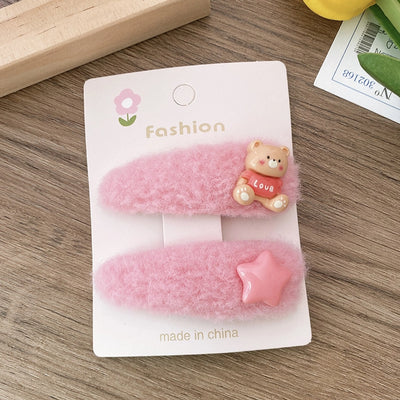 2 Autumn and Winter Colorful Cartoon Bears XINGX Fabric Plush Long Water Drops Barrettes Children's Side Bang Clip Accessories