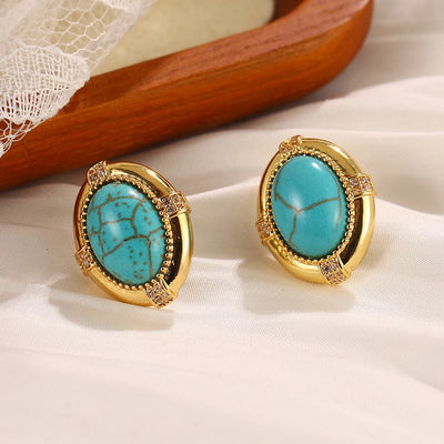 1 Pair Vintage Style French Style Round Square Oval Inlay Alloy Copper Turquoise Pearl Zircon 18K Gold Plated Drop Earrings Ear Studs