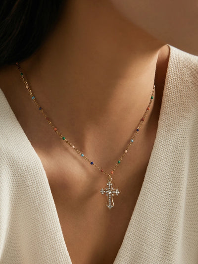 Simple Style Shiny Cross 18K Gold Plated Rhinestones 304 Stainless Steel Alloy  Pendant Necklaces