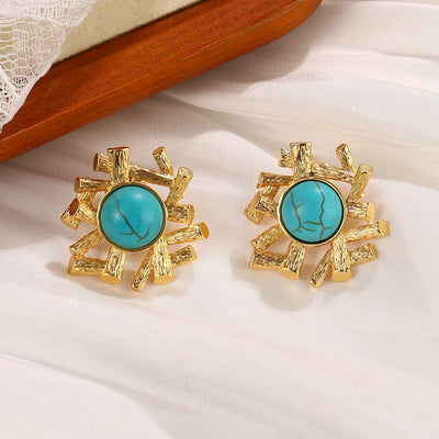 1 Pair Vintage Style French Style Round Square Oval Inlay Alloy Copper Turquoise Pearl Zircon 18K Gold Plated Drop Earrings Ear Studs