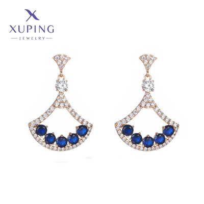 1 Pair Glam XUPING Shiny Sector Hollow Out Inlay Copper Artificial Gemstones 18K Gold Plated Drop Earrings