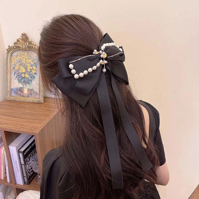 Black Diamond Pearl bow hairpin trendy houndstooth spring clip back head headwear fashionable temperament hair accessories