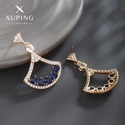 1 Pair Glam XUPING Shiny Sector Hollow Out Inlay Copper Artificial Gemstones 18K Gold Plated Drop Earrings