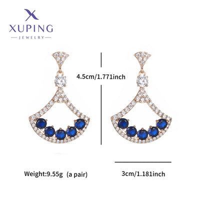 1 Pair Glam XUPING Shiny Sector Hollow Out Inlay Copper Artificial Gemstones 18K Gold Plated Drop Earrings