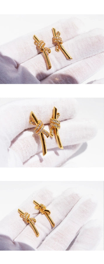 1 Pair Elegant Bow Knot Inlay Brass Zircon 24K Gold Plated Ear Studs