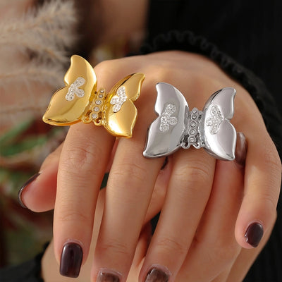 Jewelry Vacation Punk Sweet Butterfly 304 Stainless Steel Rhinestones 18K Gold Plated Inlay Rings