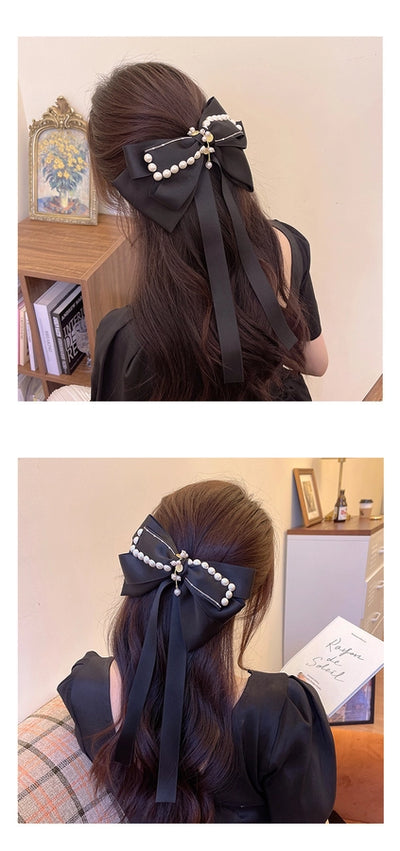 Black Diamond Pearl bow hairpin trendy houndstooth spring clip back head headwear fashionable temperament hair accessories