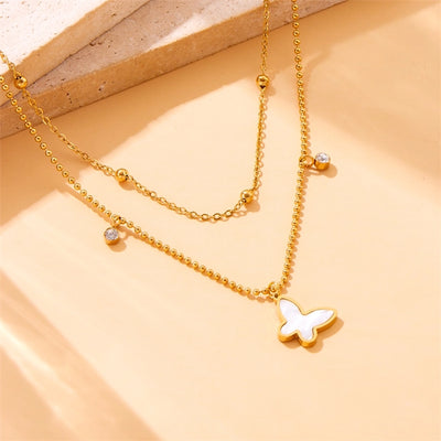 Jewelry Sweet IG Style Butterfly 304 Stainless Steel Shell Zircon Inlay Double Layer Necklaces