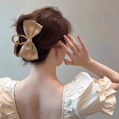 Textured satin bow headdress Internet celebrity hairpin female back head updo hair clip large high-grade shark clip