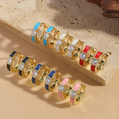 1 Pair Elegant Simple Style Commute Geometric Enamel Copper Zircon 14K Gold Plated Earrings